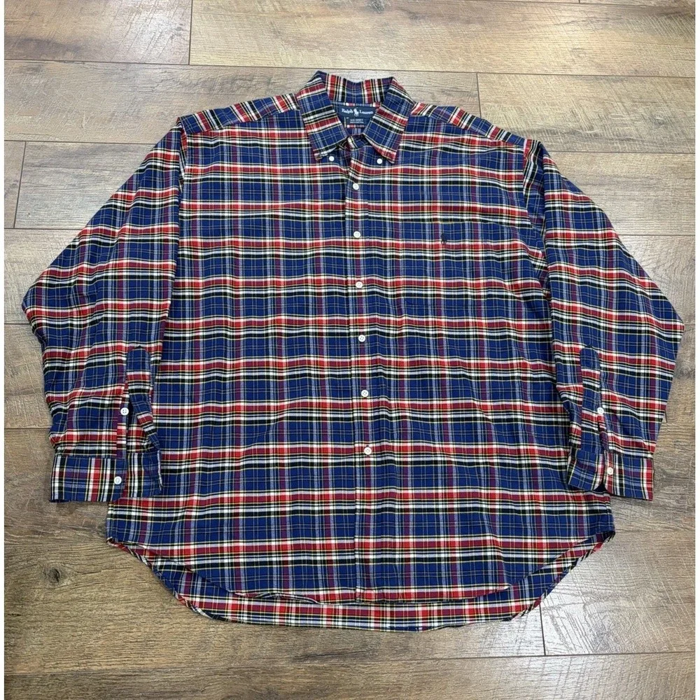 Vintage Polo Ralph Lauren Plaid Long Sleeve Button Up Big Shirt XL Blue‎ Multi
